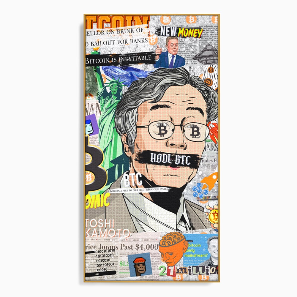Tablou canvas cu tablou canvas cu portret stilizat bitcoin si satoshi, in rama de aluminiu auriu